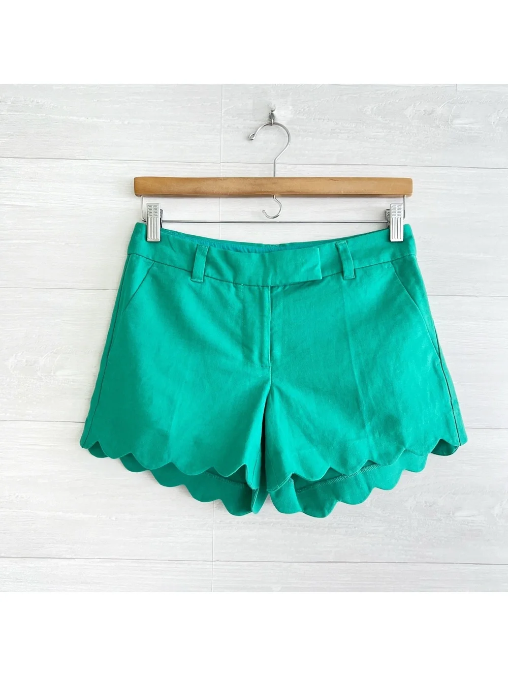 J.Crew Factory Womens 0 Green Linen Blend Scalloped Hem Shorts H5623